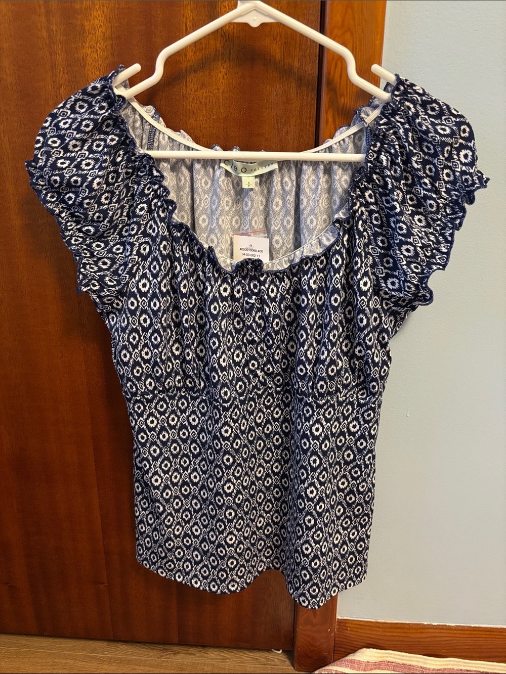 cleo Navy Blue and White Printed Flutter Sleeve Blouse